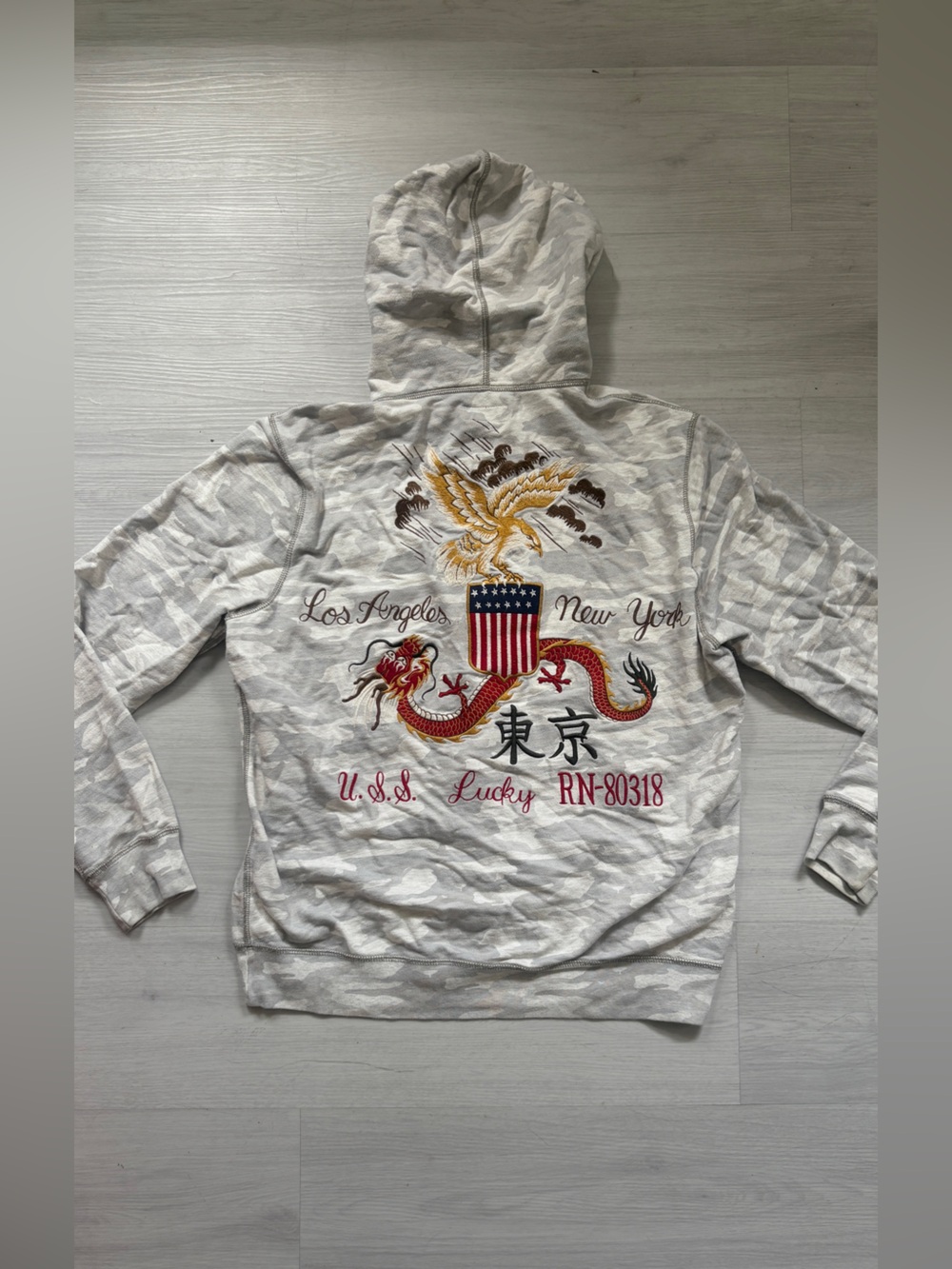 Lucky Brand vintage Cream Camo Zip-Up Hoodie with Red & Gold Embroidery